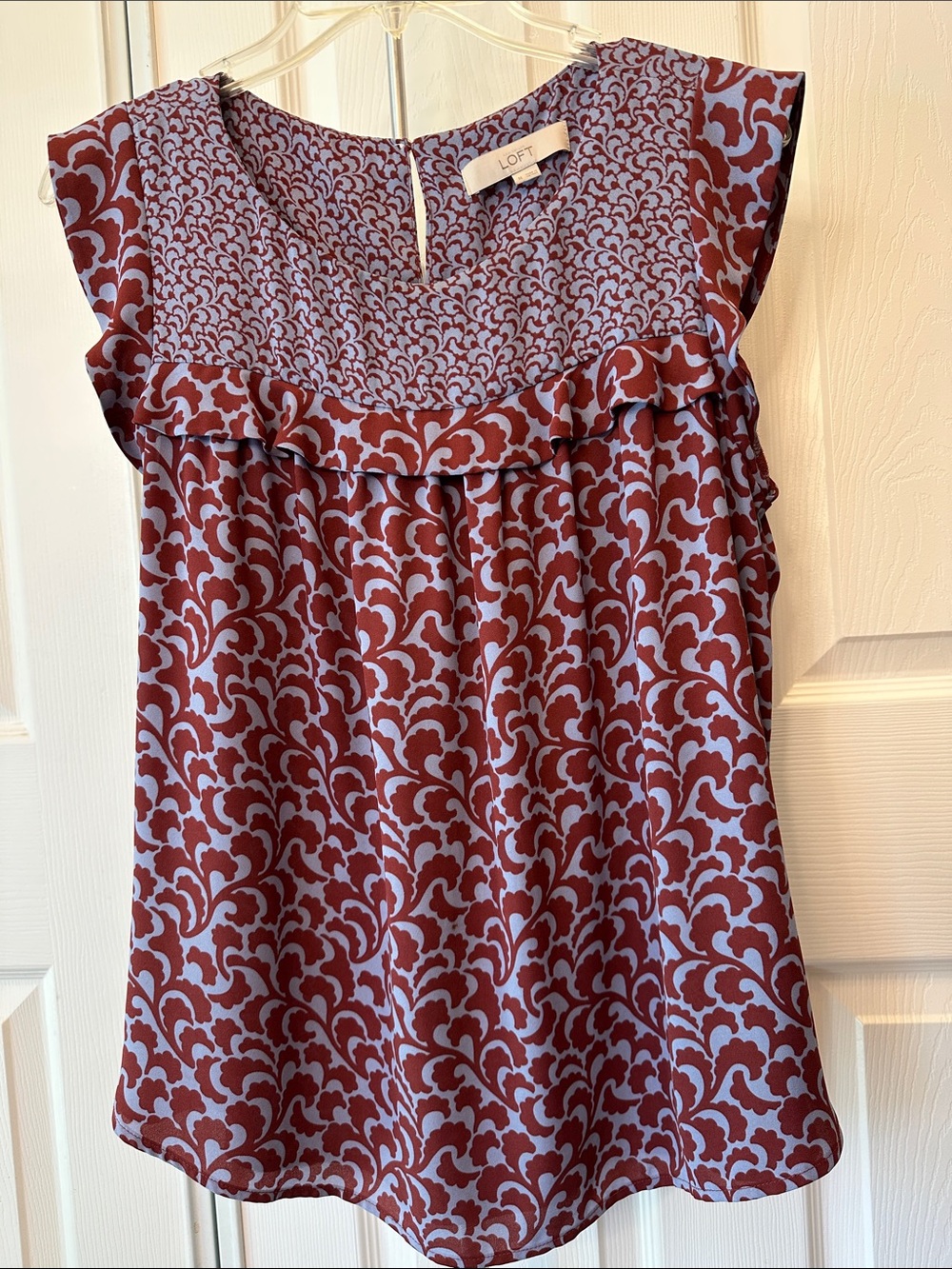 LOFT Vibrant Floral-Print Ruffle Yoke Shell Top - Lavender and Burgundy
